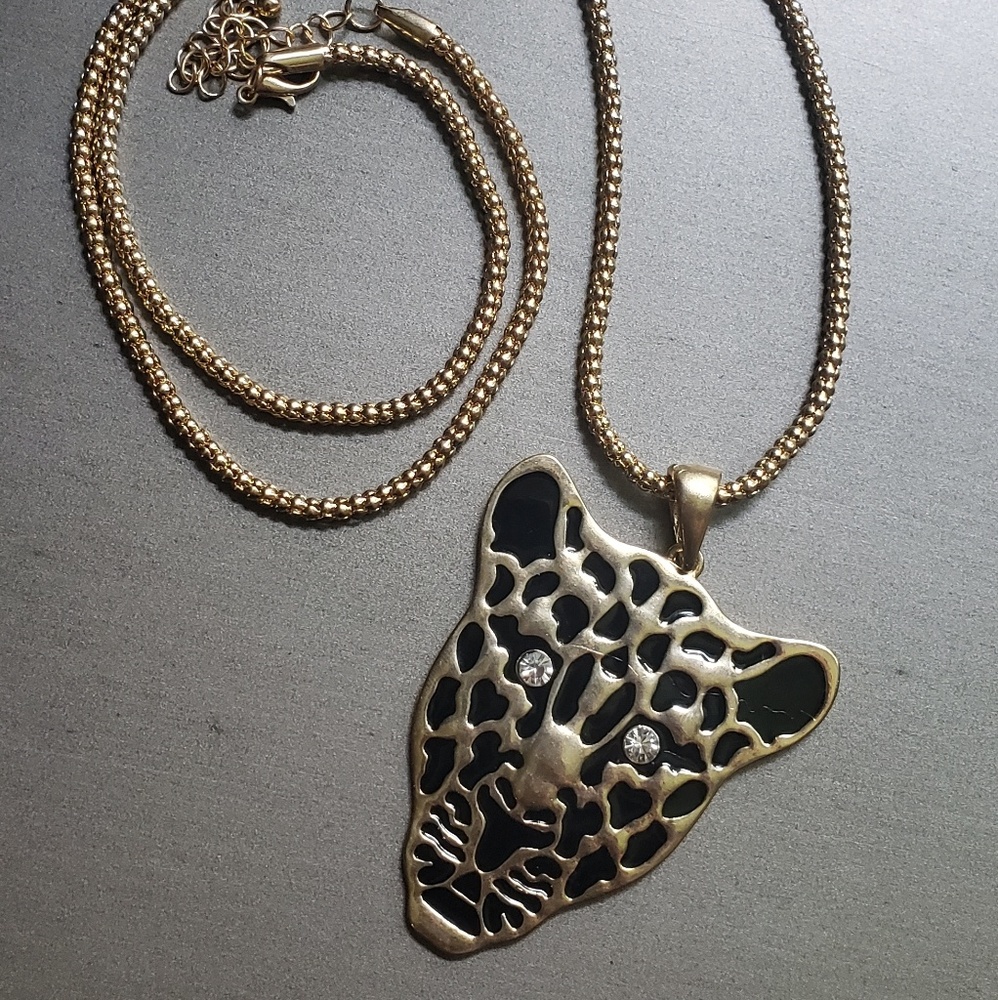 Vintage Cheetah Leopard Rhinestone Gold Necklace